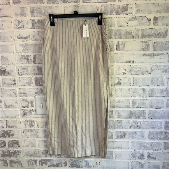 Hunter & Brown Linen Women’s Midi Skirt Cream Black Stripes Size Medium Coastal - Picture 1 of 7